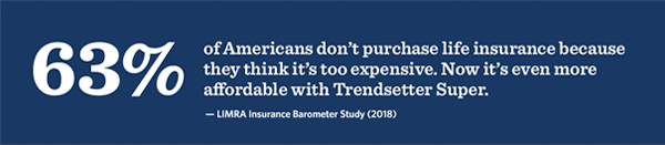 63% of American's don't purchase life insurance because they think it's too expensive. Now it's even more affordable with Trendsetter Super. - LIMRA Insurance arometer Study (2018)