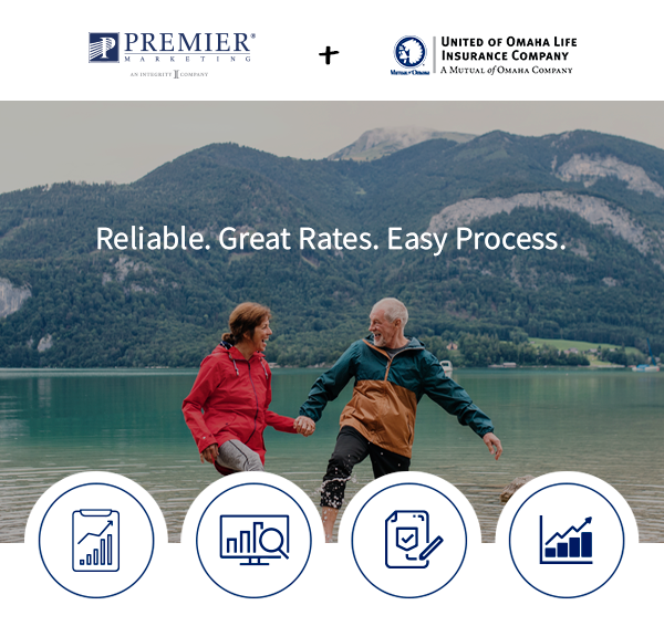 Premier Marketing + United Of Omaha Insurance Compnay - A Mutual of Omaha Company | Reliable. Great Rates. Easy Process. | (icons)